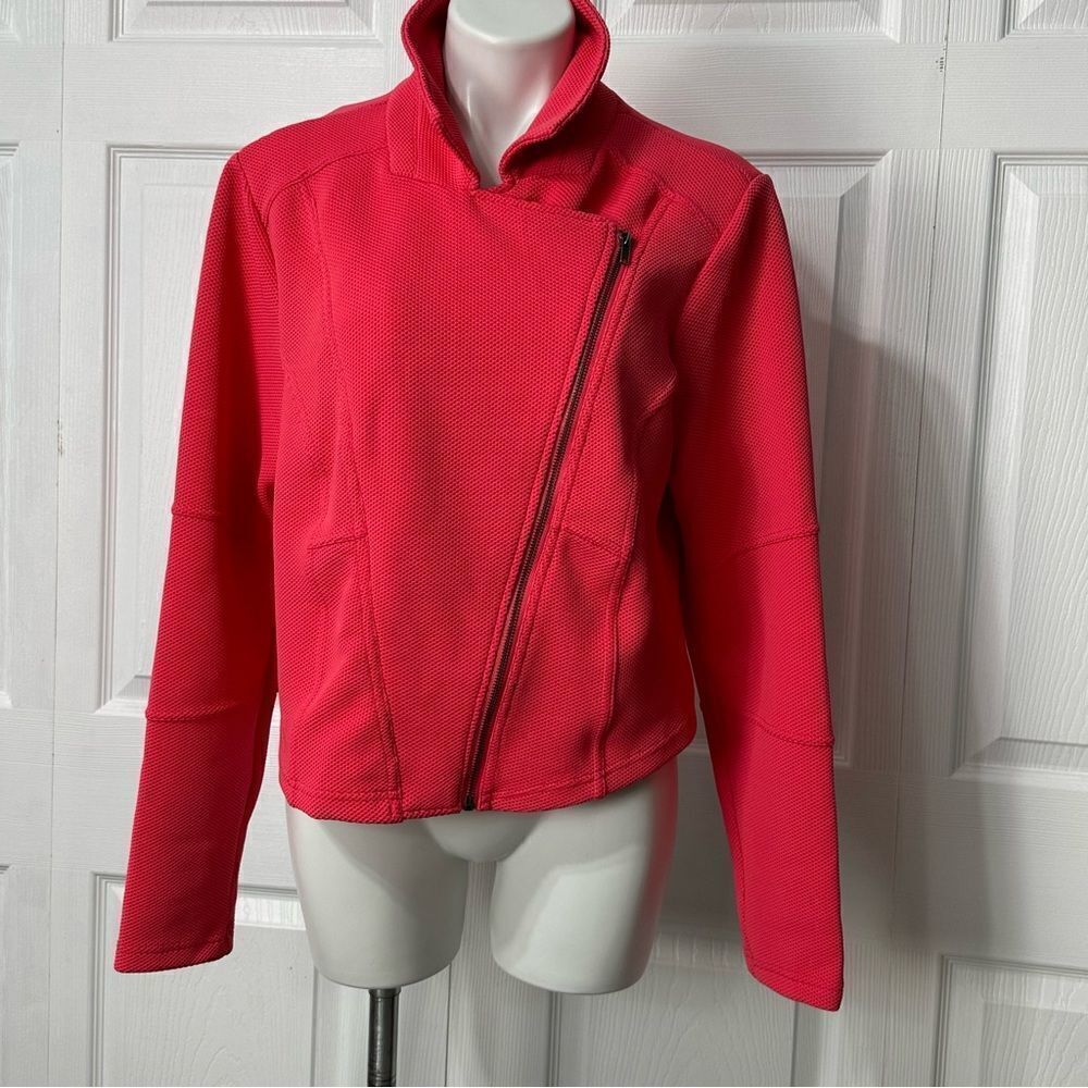 Torrid Moto Crop Asymmetrical Side Flap Zip Textured Coral Pink Jacket 1